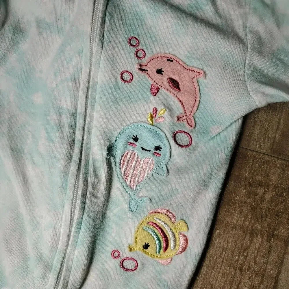 Kids Headquarters Blue Tie Dye Onesie Embroidered Sea Animals Toddler Girl Sz 2T